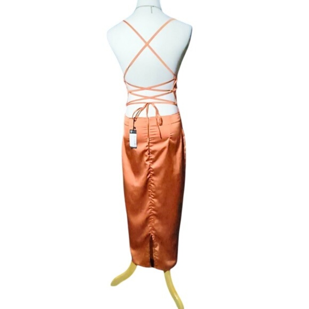 PrettyLittleThing Rust Satin Cowl Neck Lace Up Back Midi Dress US 6 NEW - Picture 9 of 16
